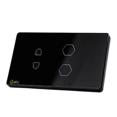 Công Tắc Cảm Ứng Datic 2 Nút Kèm Ổ Cắm Màu Đen
