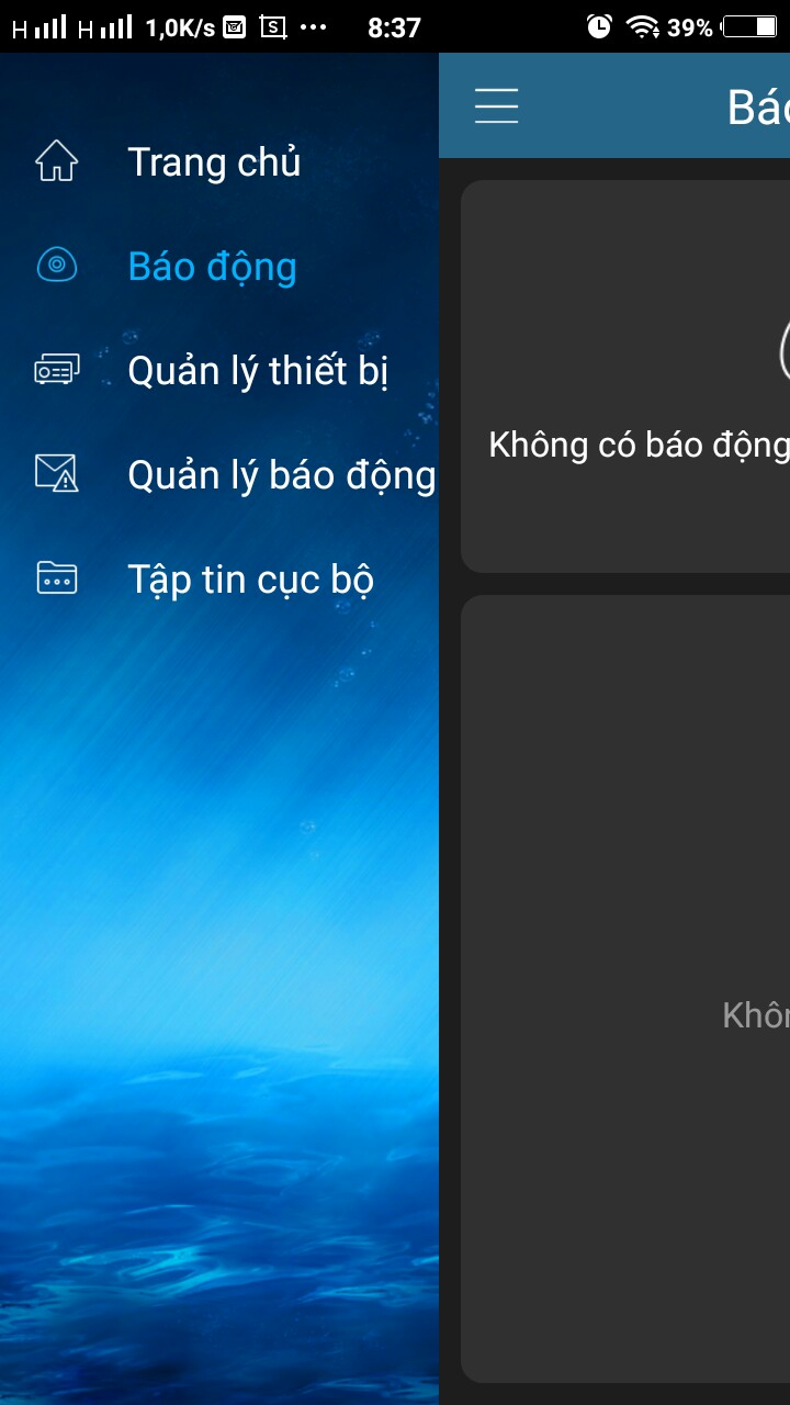 Menu chức năng Quản lý Báo động trên phần mềm KBView Lite