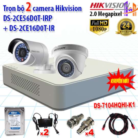 Combo Trọn Bộ 2 Camera HIKVISION 2.0MP 56D0T+16D0T+7104HQHI