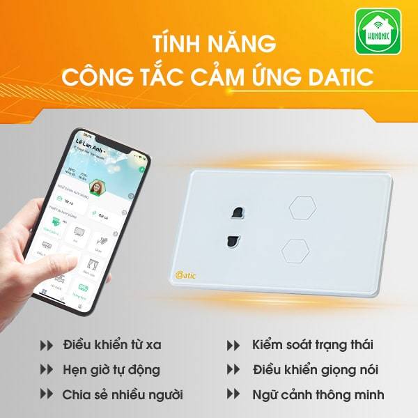Công Tắc Cảm Ứng Datic 2 Nút Kèm Ổ Cắm Màu Trắng