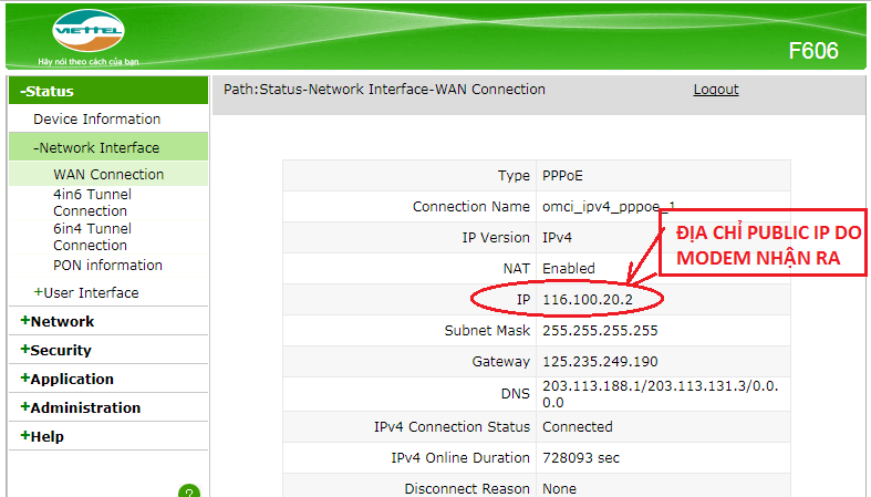 ĐỊA CHỈ PUBLIC IP DO MODEM NHẬN RA