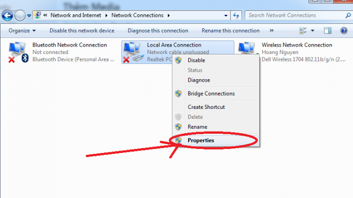 Chỉnh lại card mạng LAN - Click chuột phải vào card mạng - Chọn Properties