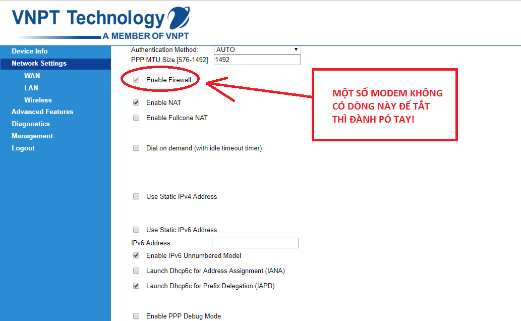 Không có chức năng tắt tường lửa trên modem VNPT